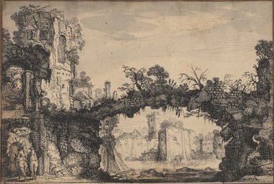 Landskap med ruiner (recto); Kvinnohuvud och djur (verso) av Jan Van de Velde