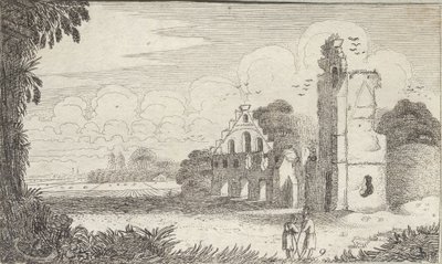 Landskap med en kyrka i ruiner och två herdar i samtal av Jan Van de Velde
