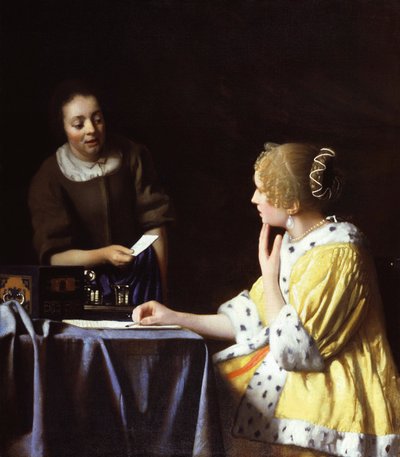 Dam med hennes tjänarinna som håller ett brev av Jan Vermeer van Delft