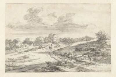 Dunelandskap med figurer längs en väg, med en stuga i fjärran av Jan Vermeer van Haarlem (I) (attributed to)