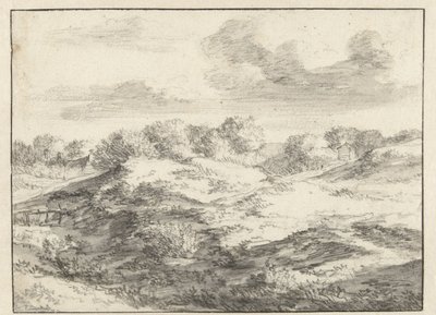 Dunelandskap, med en stuga i fjärran av Jan Vermeer van Haarlem (I) (attributed to)