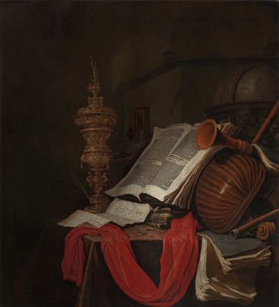 Stilleben med musikinstrument och böcker Vanitas av Jan Vermeulen
