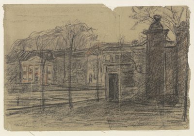 Vy över hus mellan träd, Dordrecht av Jan Veth