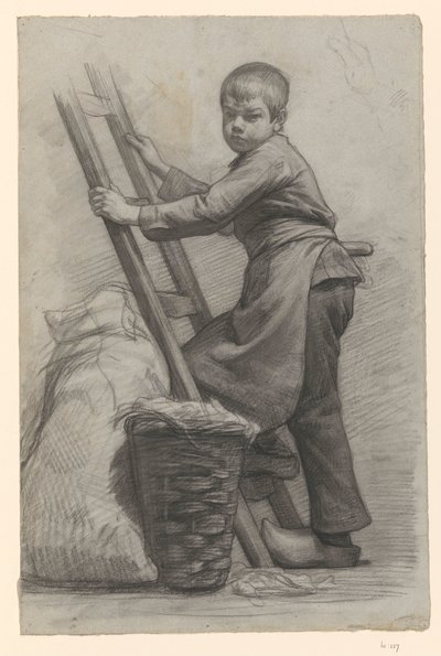 Pojke stående vid en stege och en korg av Jan Veth