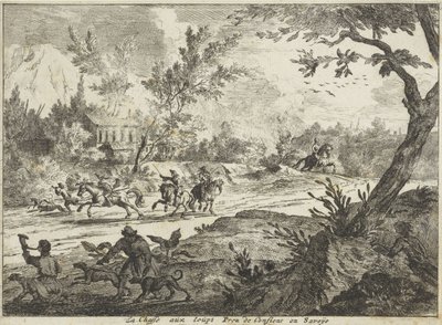 Vargjakt i Conflans, Savoie La Chasse aux Loups Prez de Conflans en Savoije (titel på objekt) Faces in Savoie (serietitel) av Jan Vincentsz. van der Vinne