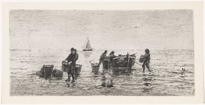 Fiskare tömmer en slup på stranden av Johannes Martinus Vrolijk