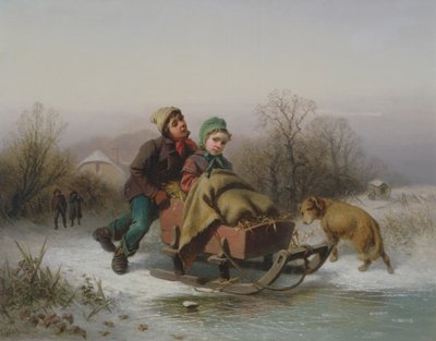 En pojke som knuffar en ung flicka i en släde av Jan Walraven