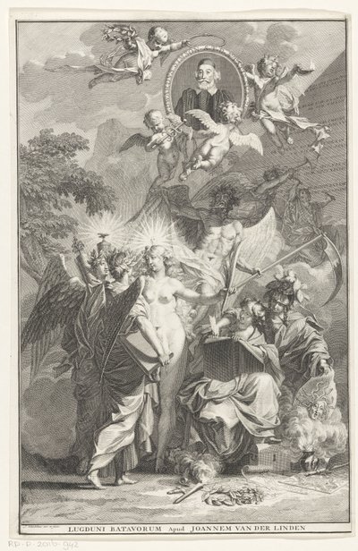 Allegorisk titelsida med porträttet av författaren Edward Simson Titelsida för: Edward Simson, Chronicon historiam catholicam complectens, 1729 av Jan Wandelaar