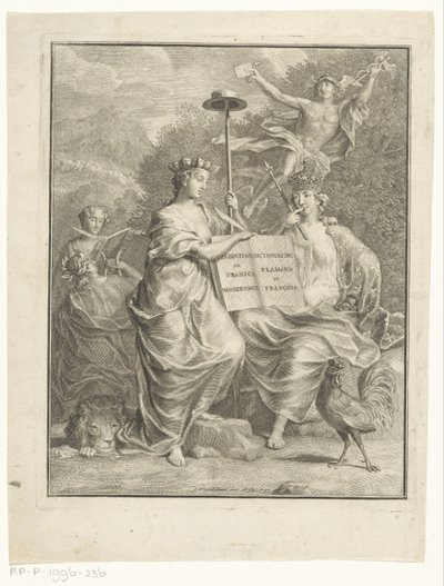 Personifieringar av österrikiska Nederländerna och Frankrike Holländsk och fransk ordbok / Dictionnaire Flamand et François (titel på objekt) Titelsida för: François Halma, The large French and Nederduitsch dictionary, 1761 av Jan Wandelaar