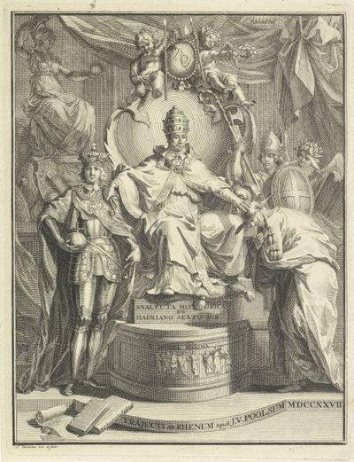 På tronen, Adrian VI Titelsida för: Burmann, Kasper. Hadrianus VI eller den historiska anacleta av Hadrianus den sjätte romerske påven, 1727 av Jan Wandelaar