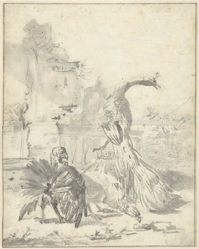Hoenderhof med en påfågel och två kalkoner av Jan Baptist Weenix