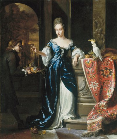 Porträtt av Lodewina Schey i en blå klänning, med en åtföljande som bär blommor av Jan Baptist Weenix
