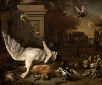 Stilleben med svan och vilt före en lantgård, ca. 1685. av Jan Baptist Weenix