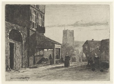 Utsikt över Sint-Martinuskerk i Woudrichem av Jan Weissenbruch
