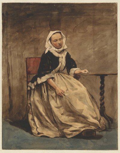 Kvinna som sitter bredvid ett litet bord av Jan Weissenbruch