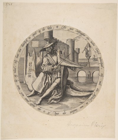 Den rike mannen spelar fiol på ett käkben, ca. 1568. av Jan Wierix