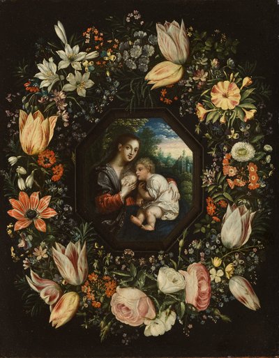 Madonna och barn i en krans av blommor, ca 1625 (olja på koppar) av Jan and Balen, Hendrik van Brueghel