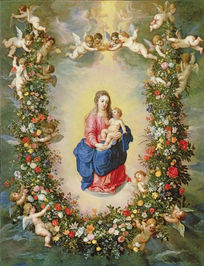 Jungfrun och barnet omgiven av en krans av blommor som hålls uppe av keruber, ca 1624 (olja på koppar) av Jan and Balen, Hendrik van Brueghel