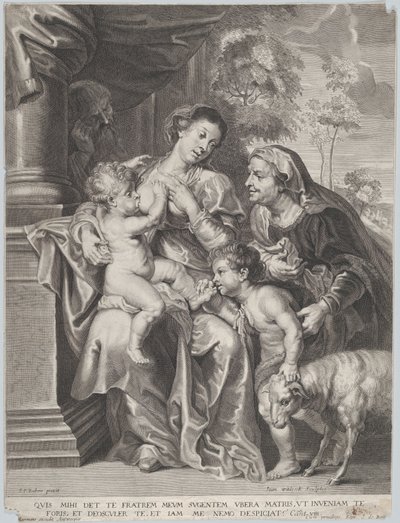 Den heliga familjen med Elisabet och spädbarnet Johannes döparen, jungfrun som ammar spädbarnet Kristus, ca 1635-42 av Jan Witdoek