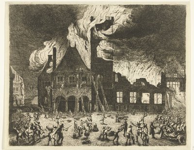 Det gamla stadshuset i Amsterdam står i brand av Jan de Baen