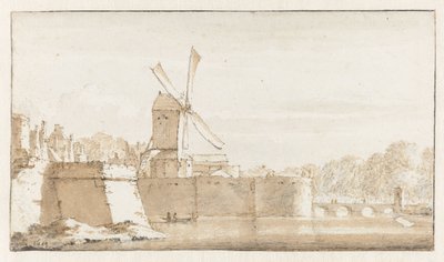 Utsikt över Rembrandts väderkvarn, vallarna vid Morspoort och Pelican-fästet av Jan de Bisschop