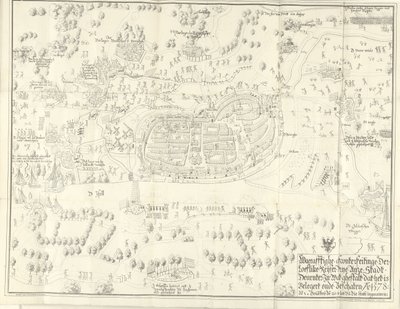 Belägring och intagande av Deventer, 1578 Waerafftighe afconterfeitinge der loeflike Keyser vrye Anze Stadt Deventer I vilken ghestalt att det är Belgert onde Beschaten Ao. 1578 (titel på objekt) av Jan de Lange (II) (signed by artist)