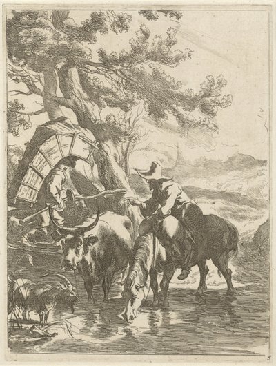 Herde och packad pojke vid en bäck Landskap med djur (serietitel) Diversa Animalia (serietitel på objekt) av Jan de Visscher