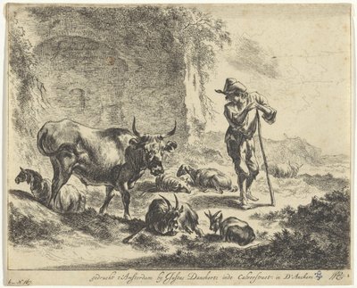 Herde vilar på sin stav vid en ruin Landskap med herdar och boskap (serietitel) av Jan de Visscher
