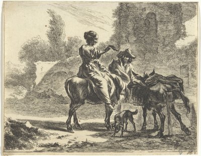 Herdar och åsnor vid ett dricksho Landskap med herdar och boskap (serietitel) av Jan de Visscher