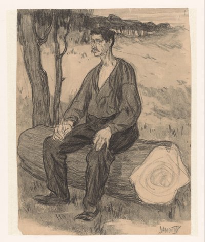 Man sitter på trädstam av Jan de Waardt (signed by artist)