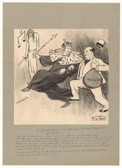 Den berusade auktoriteten och den övermodiga penningmakten håller en likdans (titel på objekt) av Jan de Waardt (signed by artist)