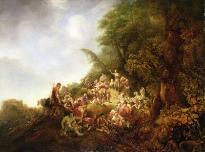 Johannes Döparen predikar för en folkmassa (olja på trä) av Jan or Joan van Noordt