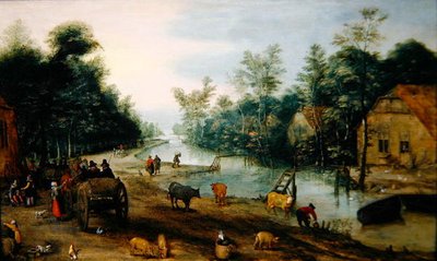 Ett skogigt flodlandskap på sommaren med resenärer som anländer till ett värdshus (olja på panel) av Jan the Elder (circle of) Brueghel