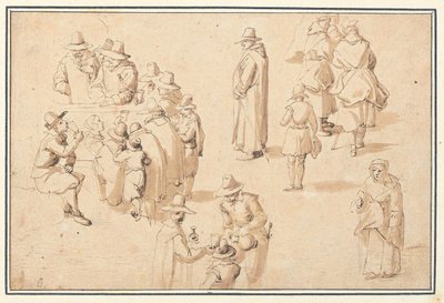 En fontän på Spa med studier av eleganta figurer som tar vattnet och av två munkar och en präst av Jan the Elder Brueghel