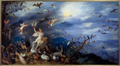 Allegory of the Air Ung naken kvinna omgiven av alla fågelarter. Målning av Jan Brueghel Le Vieux kallar Brueghel de Velours (Brueghel eller Brueghel av Jan the Elder Brueghel