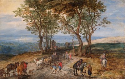 Landsvägsscen med figurer: A Man Praying at a Shrine, ca 1610 (olja på koppar) av Jan the Elder Brueghel