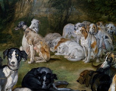 Hundar, detalj från Diana och Nymphs på väg att lämna av Jan the Elder Brueghel