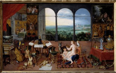 Hörsel. Allegori om de fem sinnena Målning av Jan I Brueghel Dit De Velours (1568-1625) Ec. Flam av Jan the Elder Brueghel