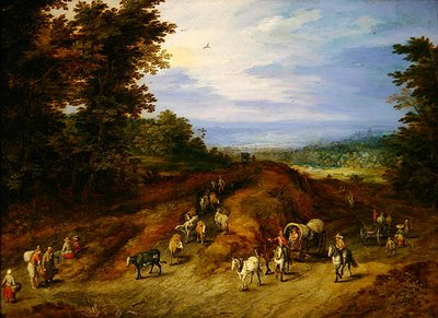 Landskap med bönder, vagnar och djur (olja på koppar) av Jan the Elder Brueghel