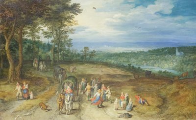 Landskap med resenärer och bönder på en väg av Jan the Elder Brueghel