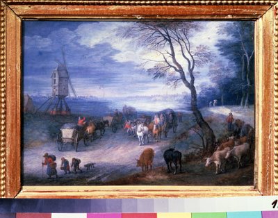 ""Paysage au moulin"" (Landskap med en väderkvarn) Målning av Jan Brueghel I (Jean Breughel, Bruegel eller Breugel) känd som De Velours (l