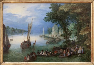 Flodscenen eller barken, Oljemålning på koppar av Jan Brueghel, dit Brueghel de Velours (1568-1625), ca 1605. Mått: 24 x 36 cm. Fotografi, KIM Youngtae, Nantes, Musee des Beaux Arts de Nantes. av Jan the Elder Brueghel