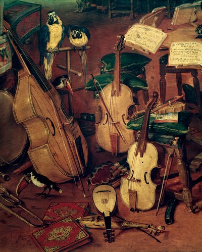 Strängar och papegojor, detalj av allegori om de fem sinnena (Målning av Jan the Elder Brueghel