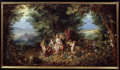 De fyra elementen: "Jorden"" Allegori. Utsikt över jordens paradis. Målning av Jan Brueghel Le Vieux kallar Brueghel de Velours (Brueghel eller Brueghel av Jan the Elder Brueghel