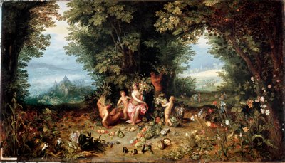 De fyra elementen: "Jorden"" Allegori. Utsikt över det jordiska paradiset med frukt, grönsaker, blommor och djur (inklusive marsvin (hamster) Målning av Jan Breugel Le Vieux kallar Bruegel de Velvet (Brueghel eller Breughel) av Jan the Elder Brueghel