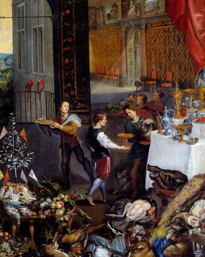 Smaken. Detalj som representerar tjänarna som tar med rätter av vilt, fågel på en bankett. Målning av Jan Brueghel Le Vieux kallar Brueghel de Velours av Jan the Elder Brueghel