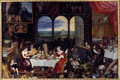 Smaken, hörseln och beröringen. Allegori om de fem sinnena En rik familjs måltid: fågel och skaldjur (inklusive ostron) utgör bankettmenyn. Målning av Jan I Brueghel Dit De Velours (1568-1625) Ec. Flam av Jan the Elder Brueghel