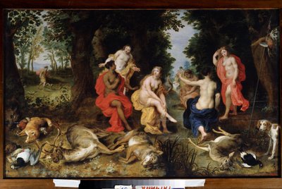 Dianas vila på jakten Djuren (varg, rådjur, räv) som dödats av jaktens gudinna ligger på marken, medan hon vilar omgiven av nymfer. Målning av Jan Breugel den äldre kallad Bruegel de Velours (Br av Jan the Elder Brueghel