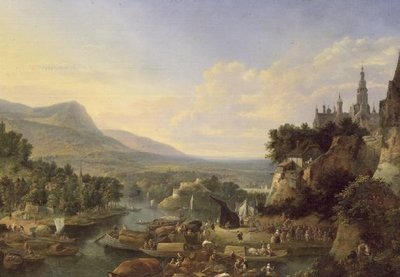 Lastar pråmar på Rhen (olja) av Jan the Elder Griffier