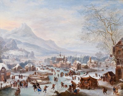 Vinterscen med skridskoåkare (olja på koppar) av Jan the Elder Griffier